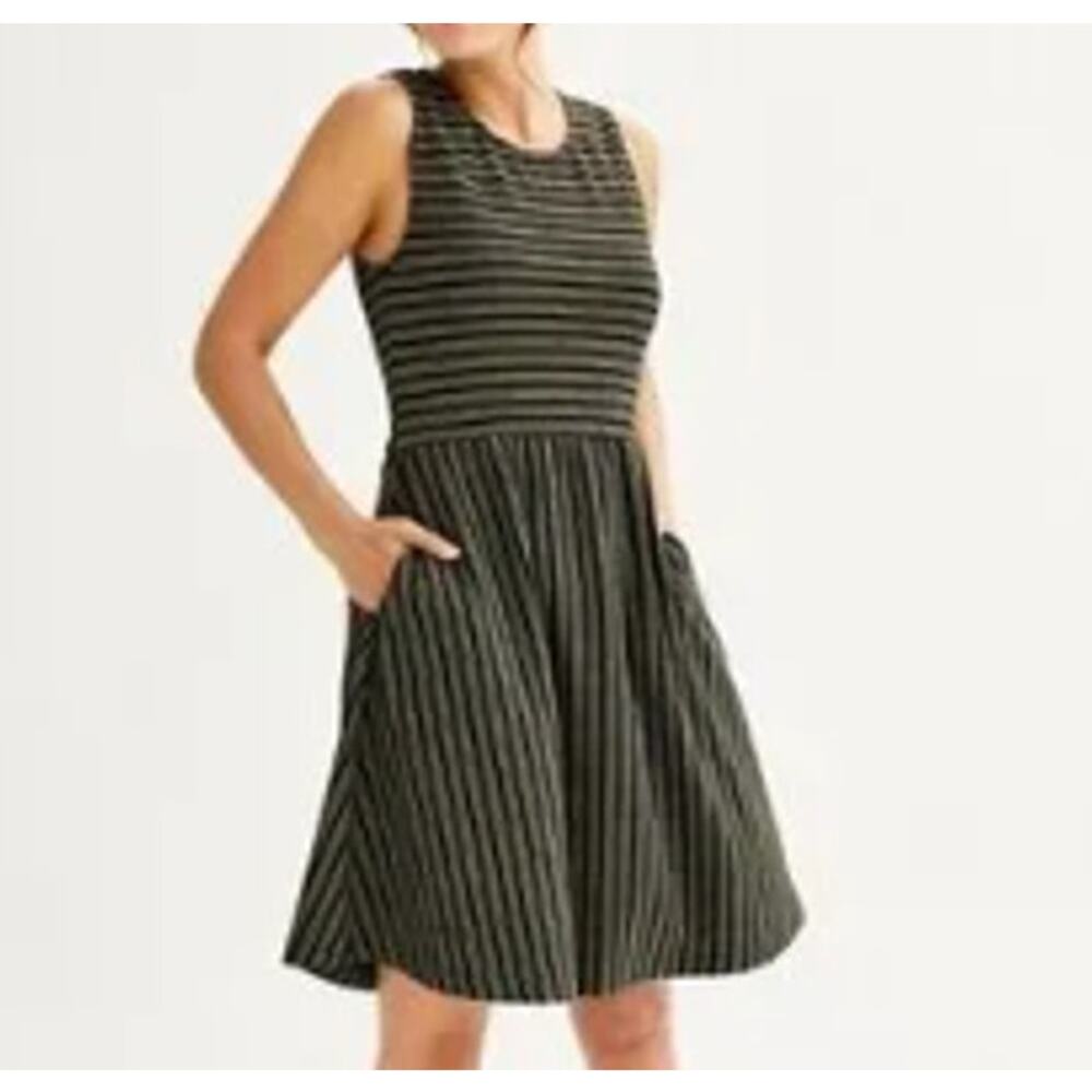 Draper James RSVP Black & Gold Striped Dress Pockets Size M EUC